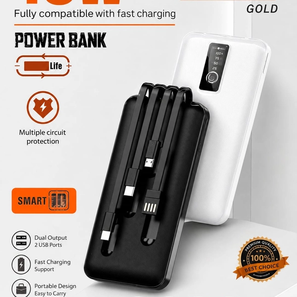 10000mAh 18 Watts Portable Power Bank with LED Digital Display & Built-in Cables