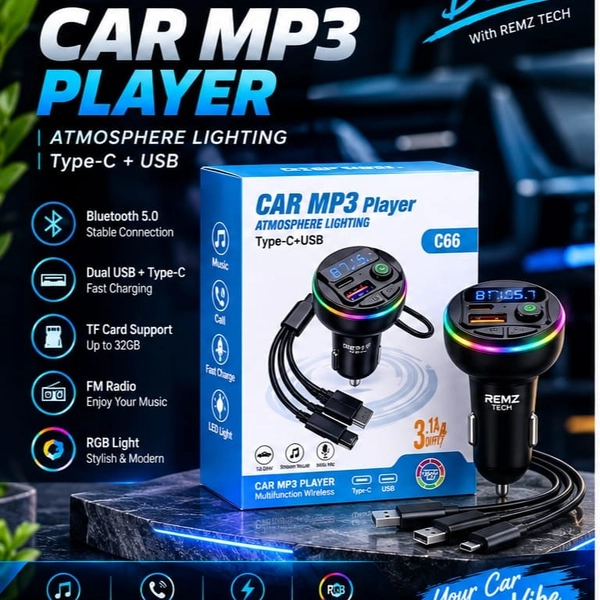 Remz Tech Car MP3 Player with Atmosphere Lighting & Fast Charging
