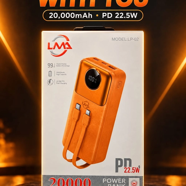LMA LP-02 20000mAh Power Bank – 22.5W Fast Charging with Built-in Cables & LED Display